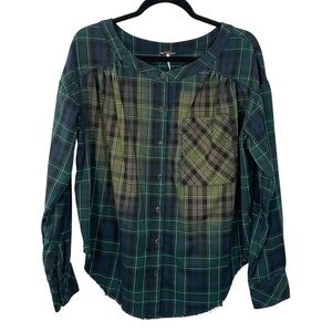 Free People Oversized Plaid Flannel Pleat Button Down Shirt Upcycled Bleached Sm